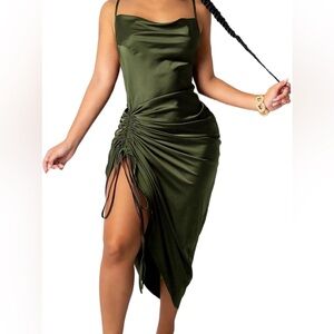 Mint Asymmetrical Ruched Slip Dress